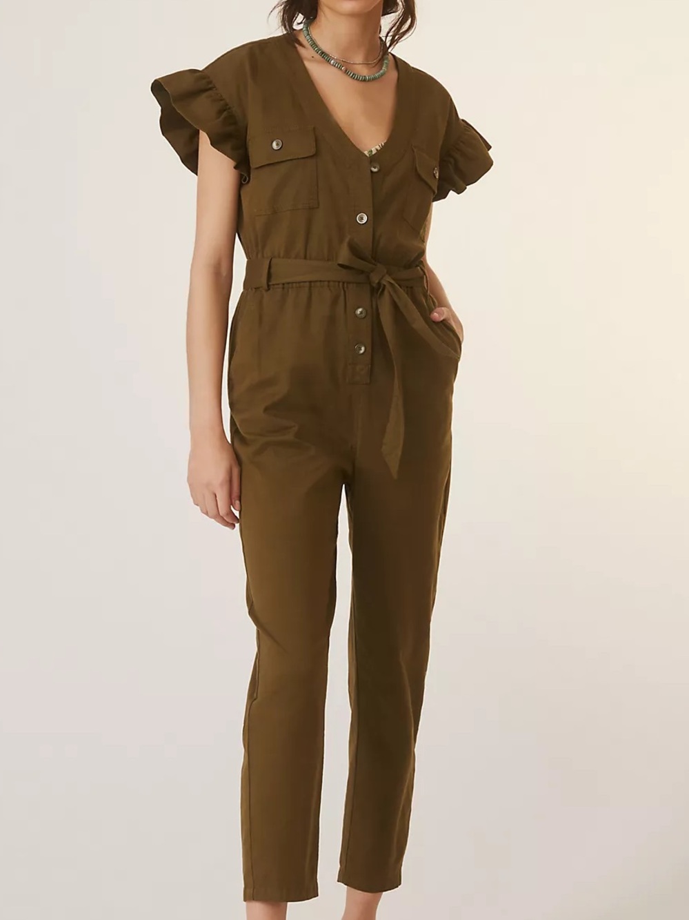 Anthropologie Olive Utility Ruffle-Sleeve Belted Jumpsuit